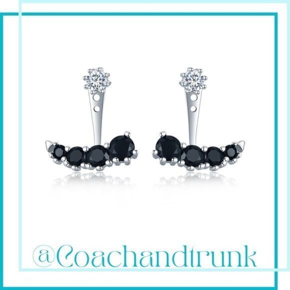 Silver White Diamond Solitaire Stud 4 Prong Set Black CZ Spinel Ear Jacket - Picture 1 of 4